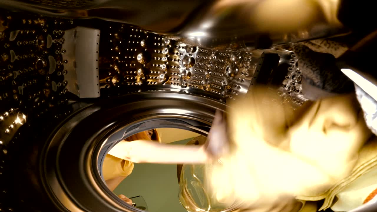 세탁기. 소녀는 세탁기에 물건을 던집니다.