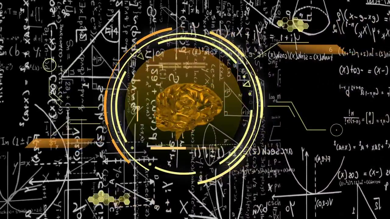 Loop starting golden 3D brain rotating in glowing rings while orange bars sliding, visualizing data