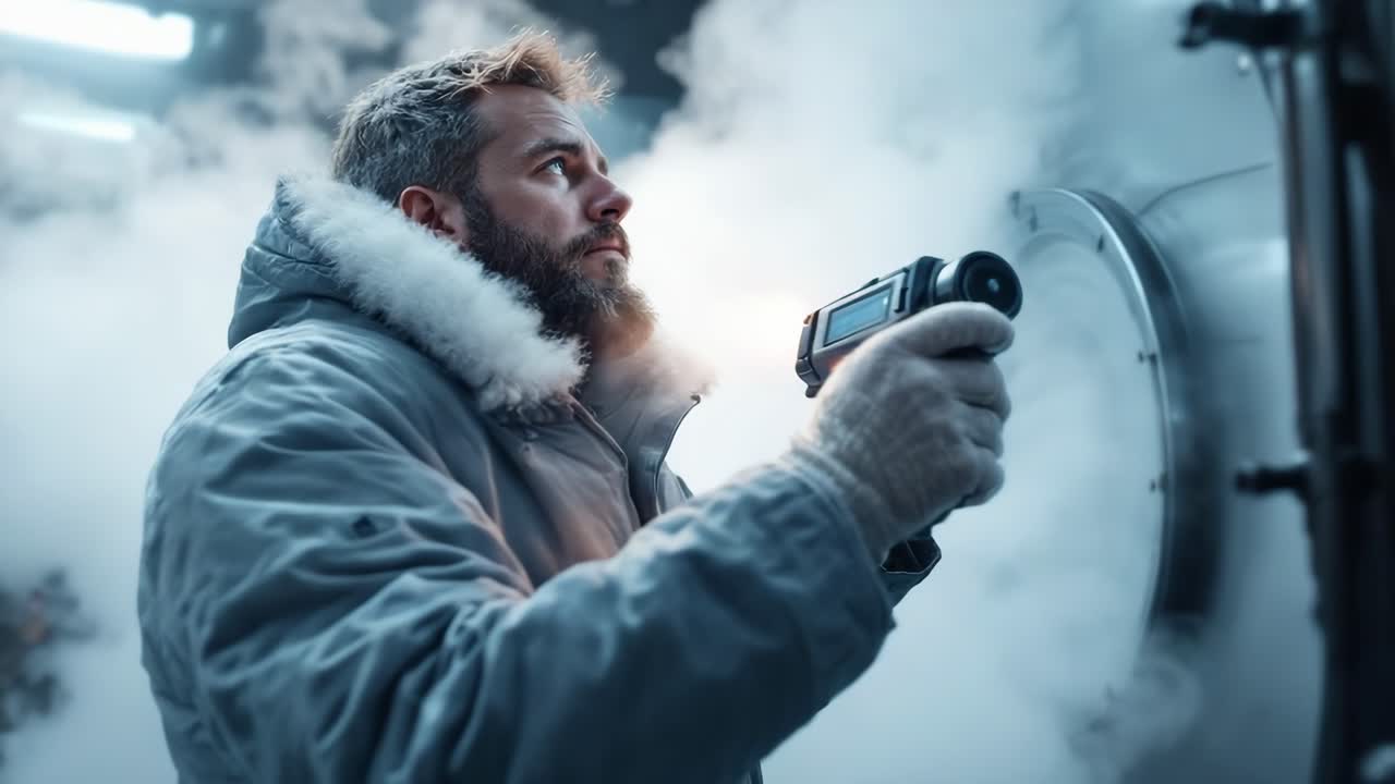 Bearded man wearing a warm jacket is focused on holding a device in a foggy industrial setting, surrounded by cold mist and machinery, showcasing a moment of exploration and observation