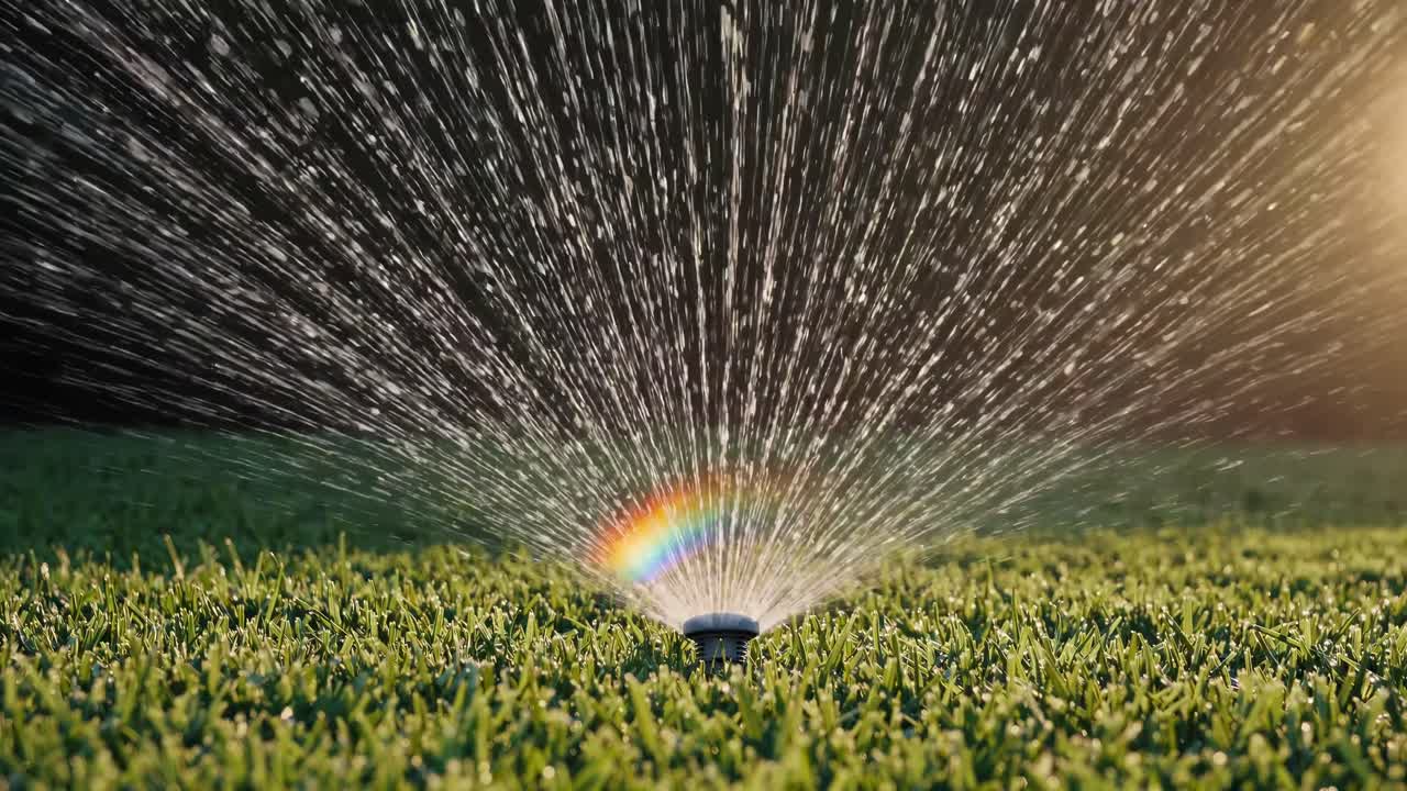 Video ravvicinato e con angolazione dal basso di un irrigatore che innaffia erba rigogliosa, catturando le goccioline d'acqua illuminate dal sole