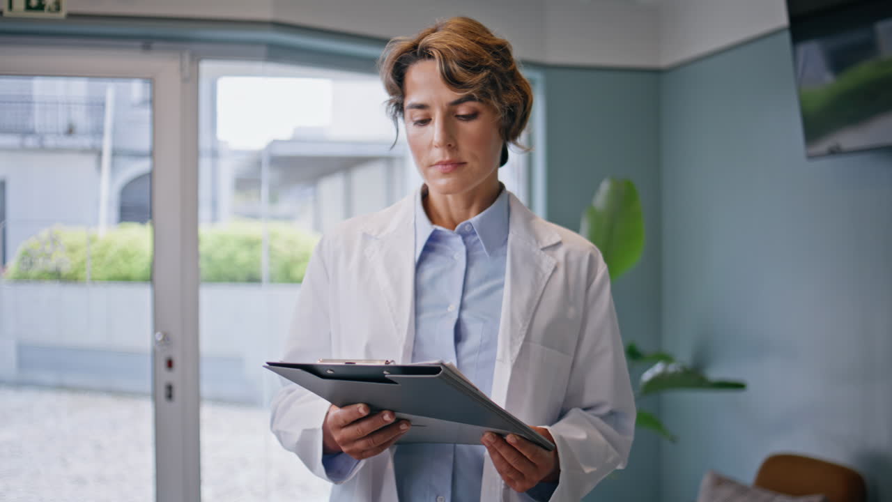Focused doctor reviewing clipboard in healthcare office closeup. Woman therapist