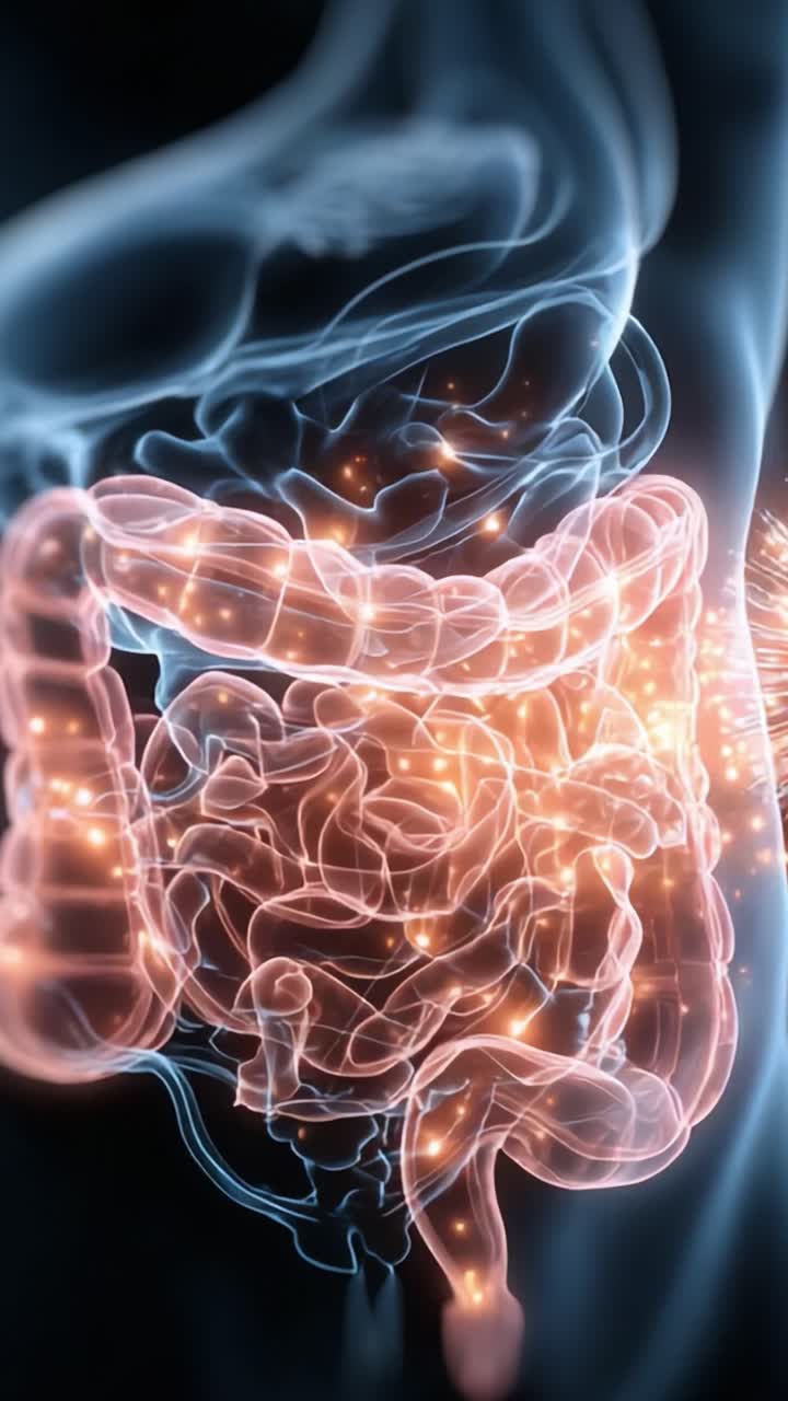 Uno sguardo dettagliato all'apparato digerente umano: una rappresentazione artistica di intestini e organi che evidenzia la complessità del corpo umano