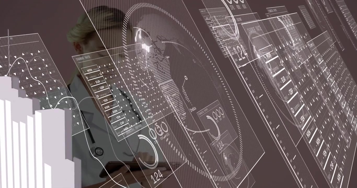 Female Doctor Using Tablet with Digital Medical Data Overlay
