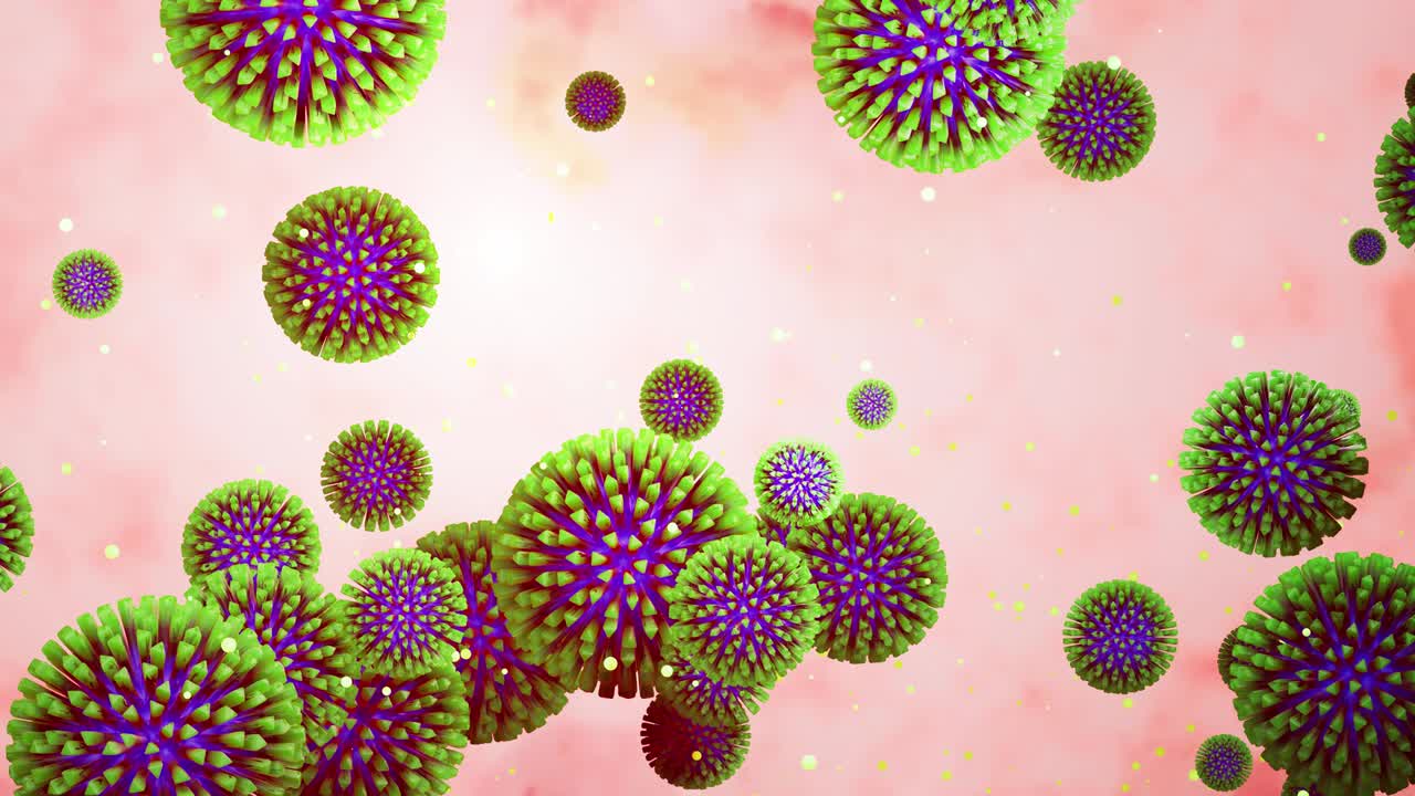3d model of green coronovirus on the mucous membrane. 4k looped smooth animation virus floats in liquid. Scientific microbiological background, 3d render of virus. Blue green colors 4