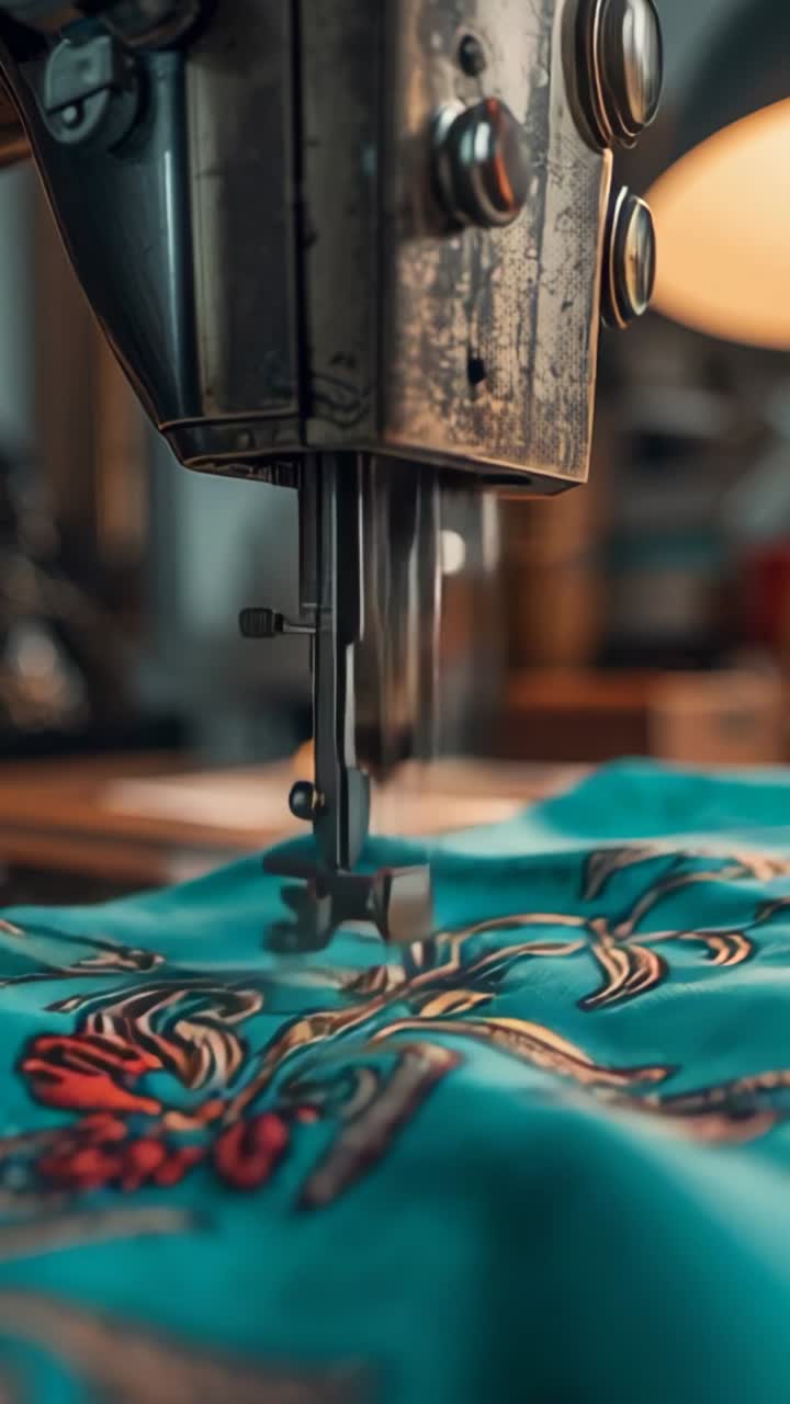 Vertical video: Pressing presser foot on teal fabric at workshop, stitching red gold floral motif