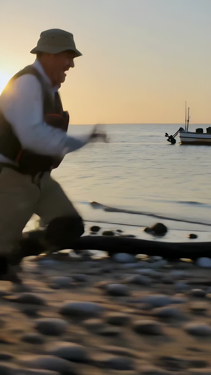 Video verticale: Entrando da sinistra, un pescatore con gilet e stivali da pesca corre verso una barca ormeggiata, spazio per il testo