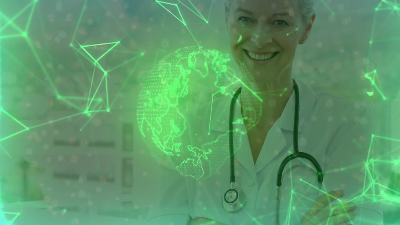 Médico de pie con los brazos cruzados en una clínica activando un globo terráqueo con un holograma giratorio que muestra datos de salud