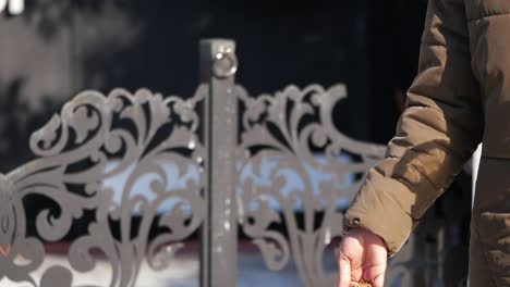 person holding open hand in front of a decorative metal gate