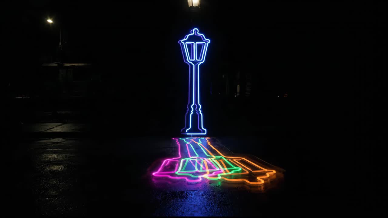Arte luminosa al neon di lampioni splendenti con ombre colorate di notte.