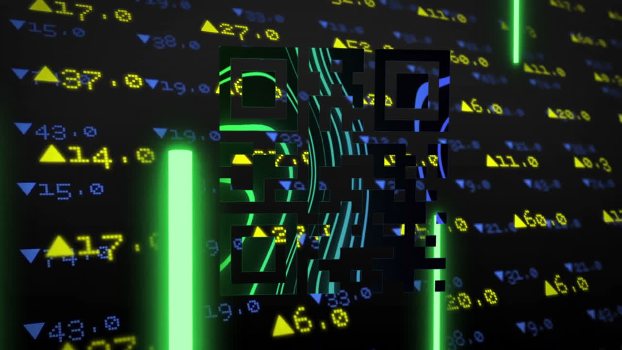 Digital QR code animation over stock market data with numbers and arrows