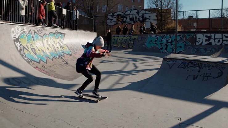 A low-angle video captures a skateboarder in mid-action at a graffiti-covered skatepark