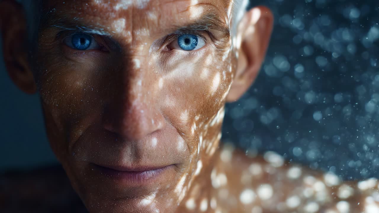 A Close-Up Exploration of Human Expression: A Male Subject with Striking Blue Eyes Illuminated by Unique Light Patterns and Textures, Highlighting Emotional Depth and Character