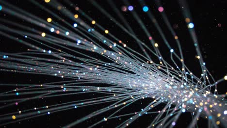 a mesmerizing view of shimmering light strands flowing against a dark backdrop, creating an artistic representation of motion and depth in an abstract digital space