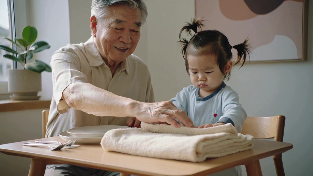 タオルを置き、祖父が自宅のテーブルで幼児に布に触れるよう導き、皿とカトラリーを置いている。