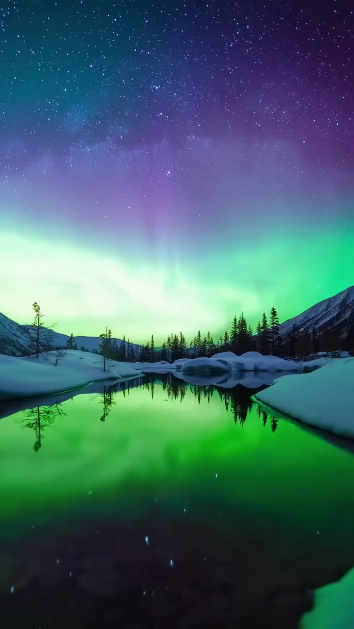 Concetto video mozzafiato dell'aurora boreale su un paesaggio innevato, ripresa da un'angolazione bassa