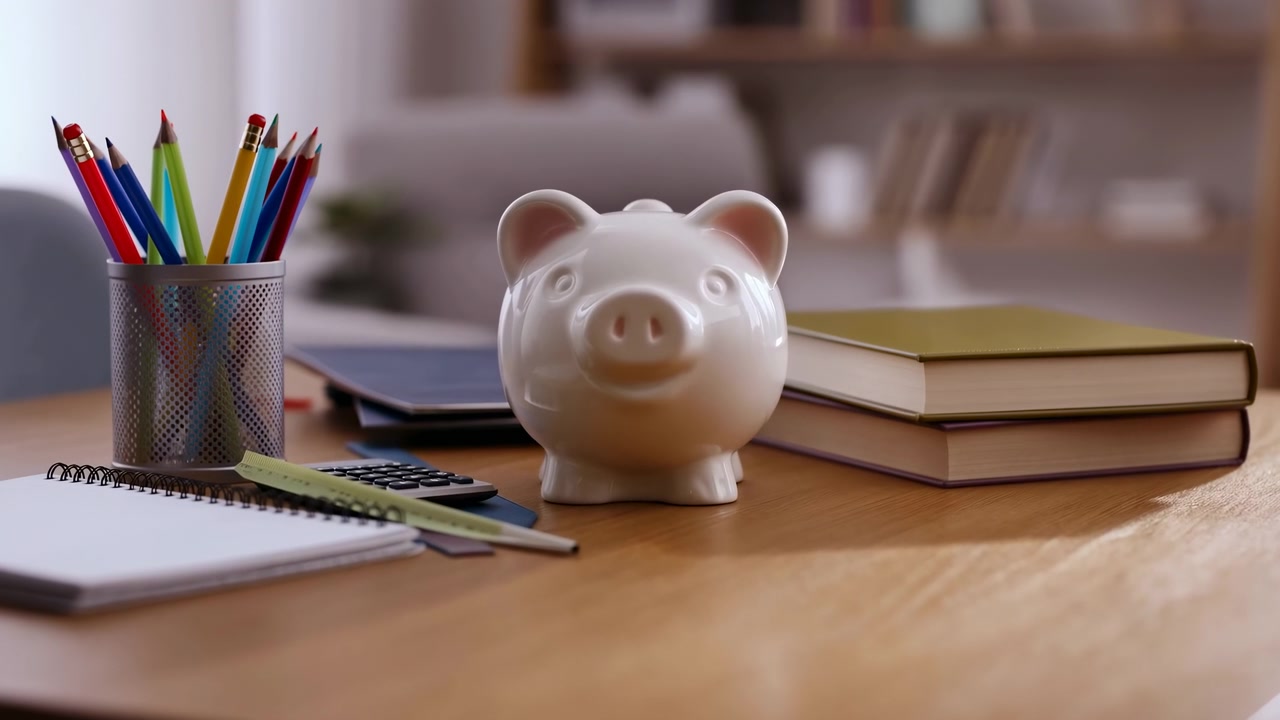 木製の机の上の貯金箱、鉛筆と積み重ねられた本がノートとペンと共に居心地の良い勉強風景を作り出す、暖かな雰囲気