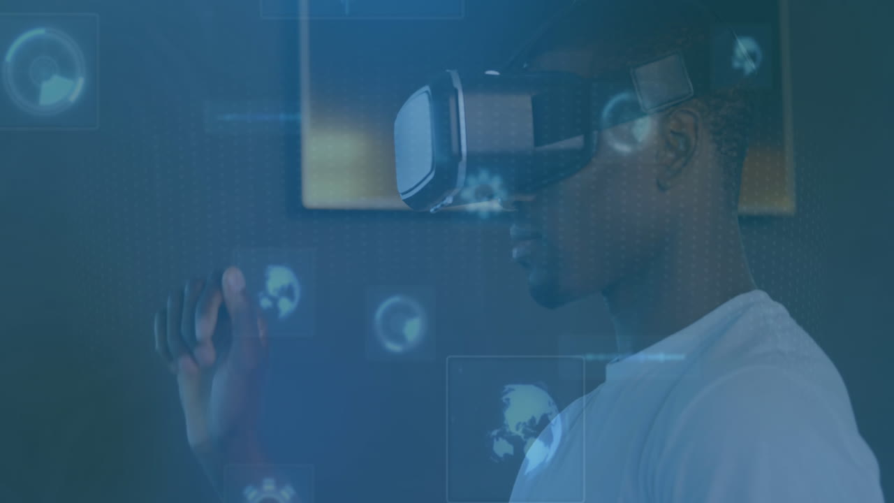 Animation of globes spinning on screens over man wearing vr headset