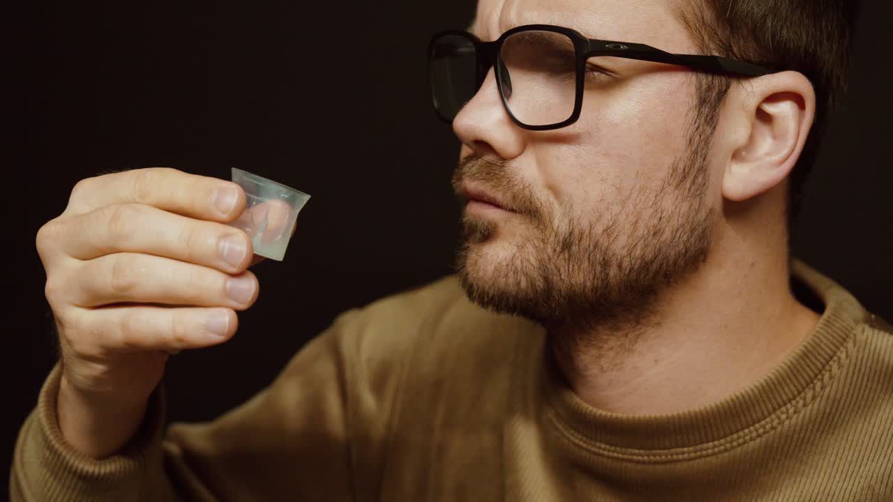 Uomo che tossisce e poi beve sciroppo per la tosse da un misurino. Concetto di sintomi di raffreddore e influenza, assunzione di farmaci, sollievo respiratorio e routine sanitaria.