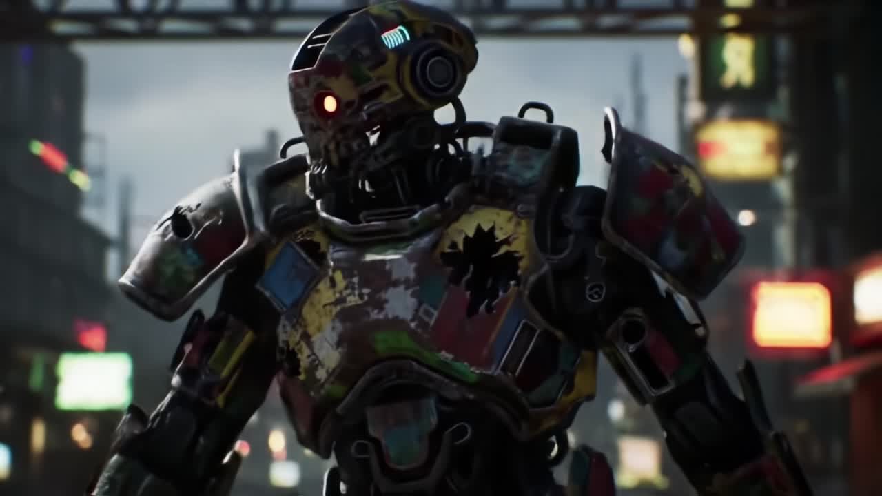 A Close-Up of a Colorfully Painted Robot in a Futuristic Cityscape Filled with Neon Lights and a Dynamic Urban Atmosphere, Ready for Action and Adventure