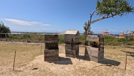 esculturas de madera expuestas en la playa de arena