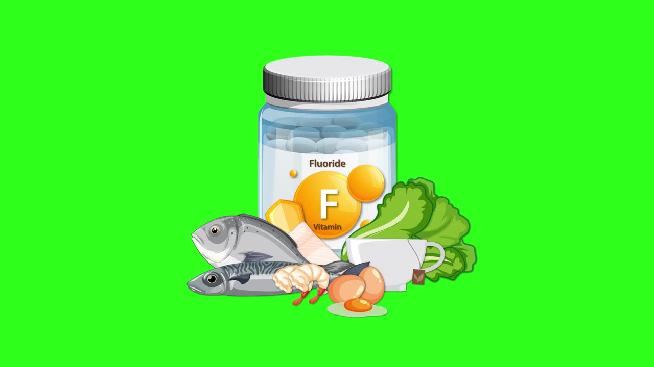 Fluoride supplement bottle with fish, greens, and eggs appears on green screen background, smooth transitions