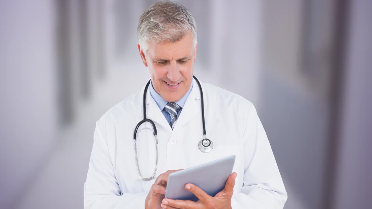 Animazione di medico caucasico che usa un tablet su nastro blu