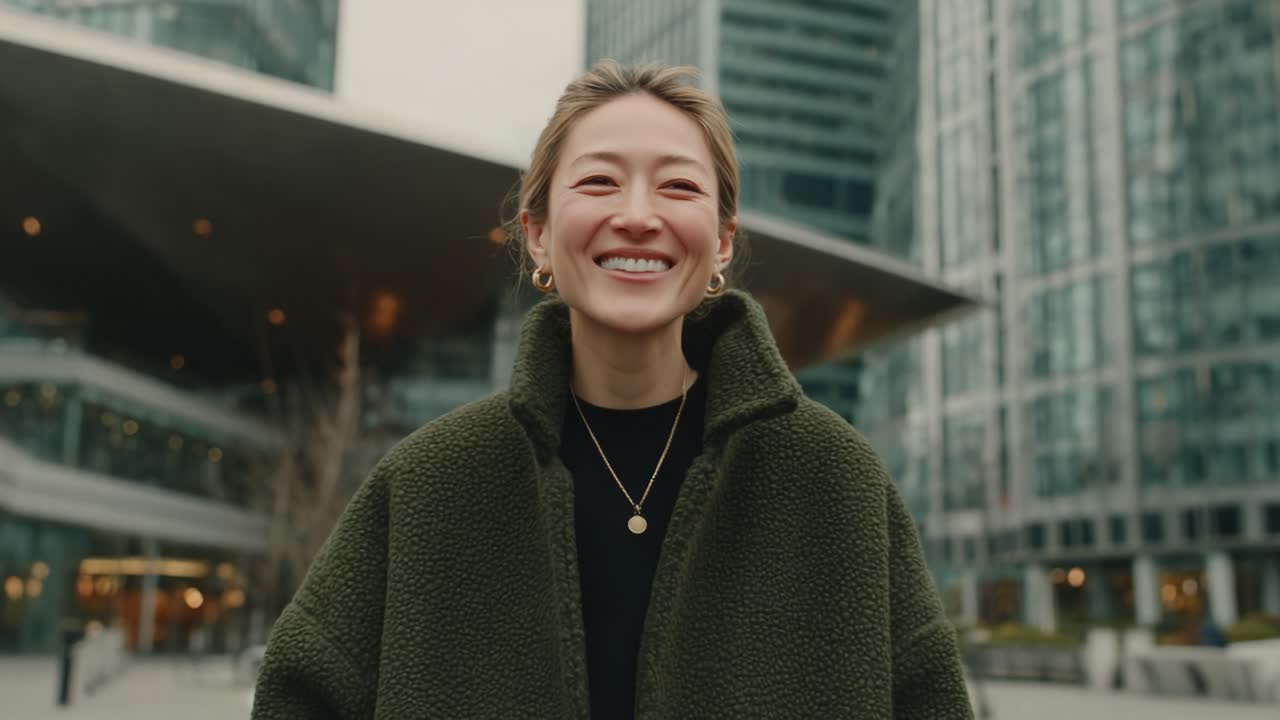 A Joyful Encounter: Capturing the Essence of Happiness and Connection in an Urban Landscape with a Grinning Young Woman Embracing Her Surroundings