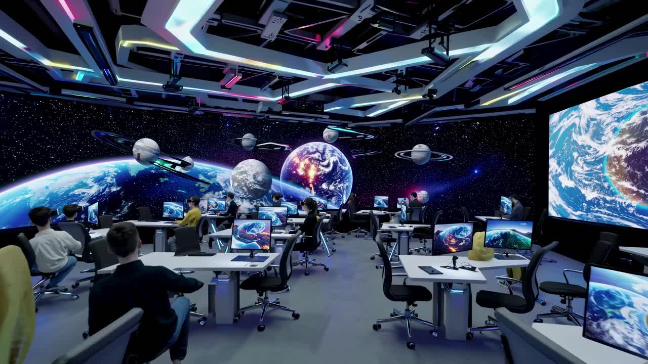 Futuristic classroom with space-themed video projections
