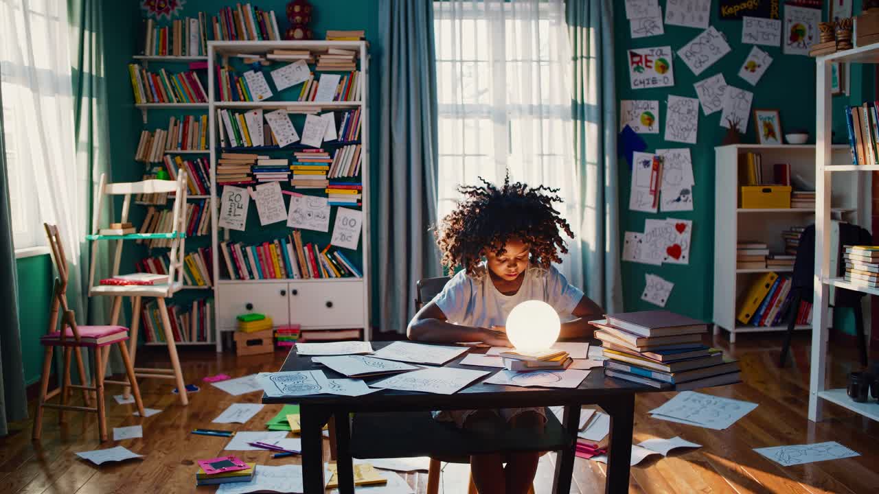 A child illuminated by a soft glow, viewed from a low angle, creating a cinematic, introspective