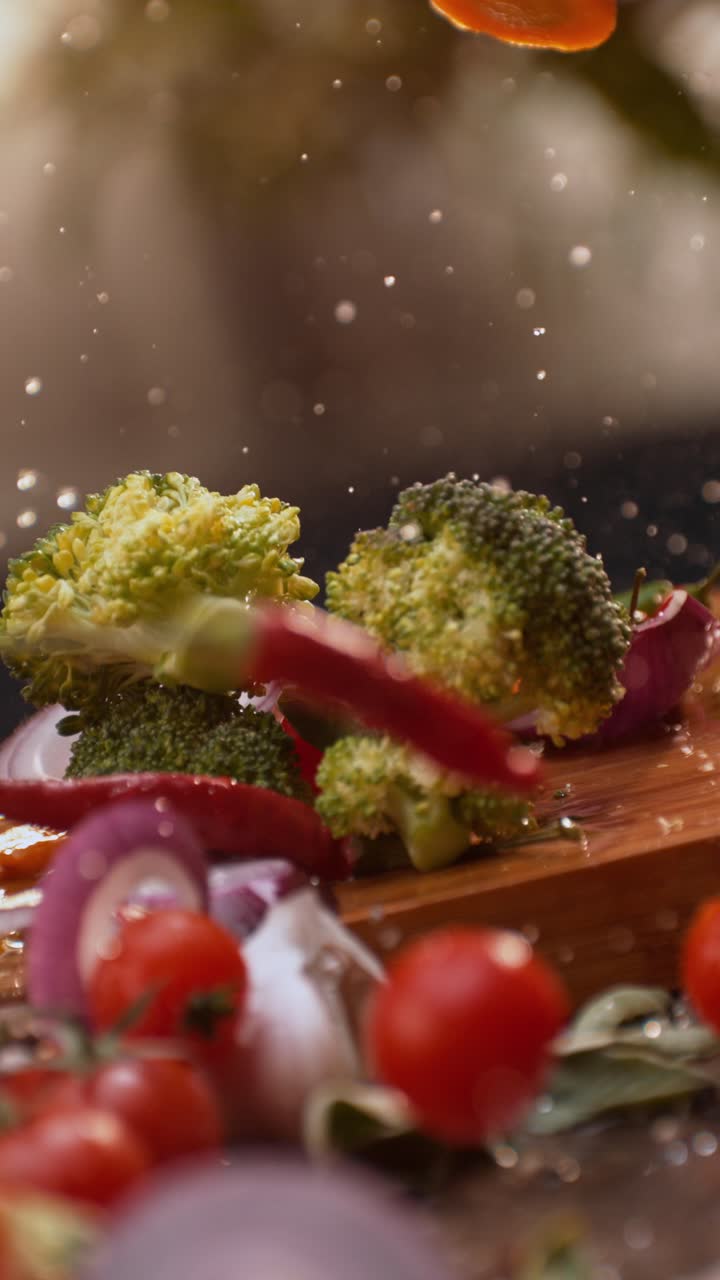 Falling vegetables: broccoli, tomatoes, and onions