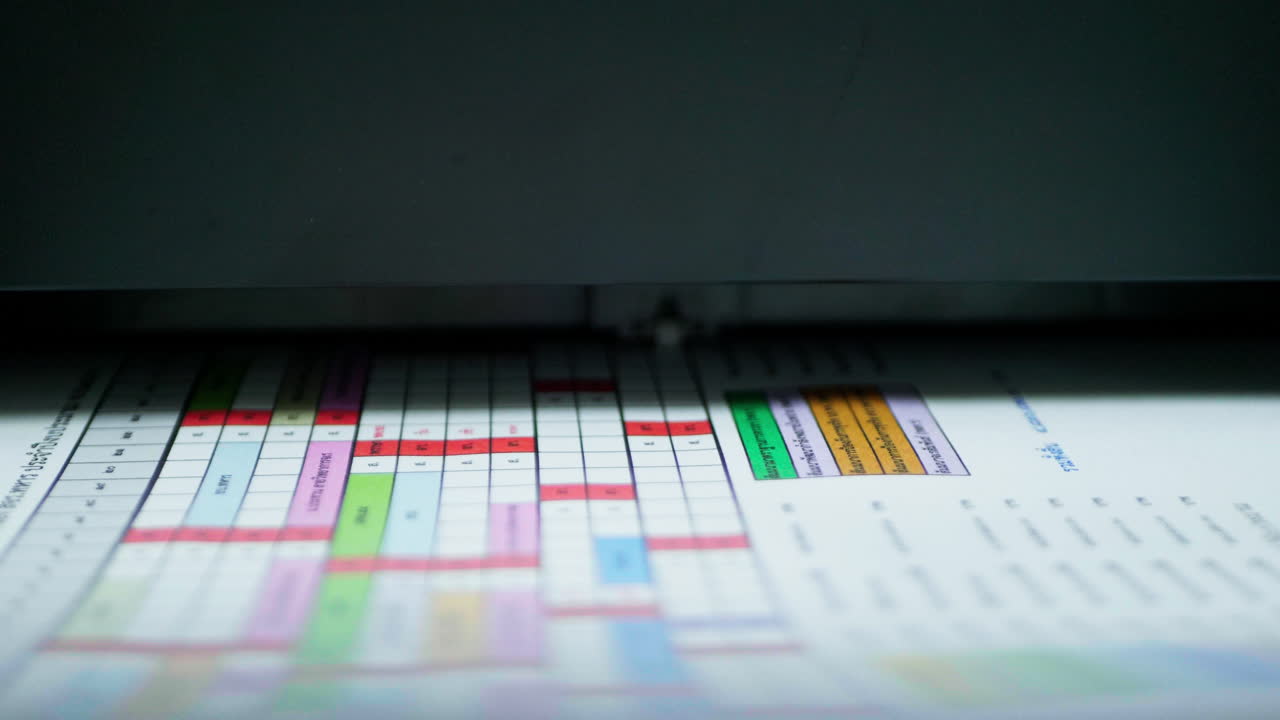 Black inkjet printer printing tabular information on white paper in color