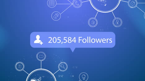 speech bubble with followers text with increasing numbers against globe of network of icons