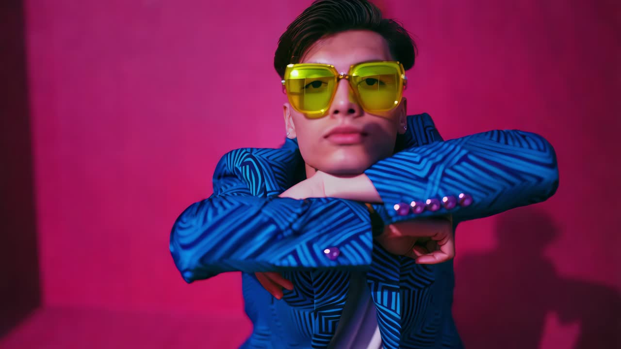 파란색 재과 노란색 선글라스를 입은 남자의 트렌디한 패션 초상화