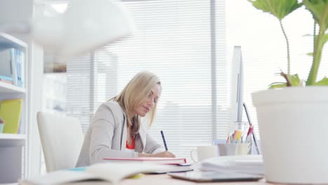 Mujer-De-Negocios-Usando-Computadora-Y-Tomando-Notas