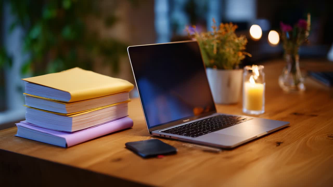 A Cozy Workspace Featuring a Laptop, Neatly Stacked Notebooks, a Flickering Candle, and Fresh Flowers on a Wooden Desk for an Inviting Study Environment