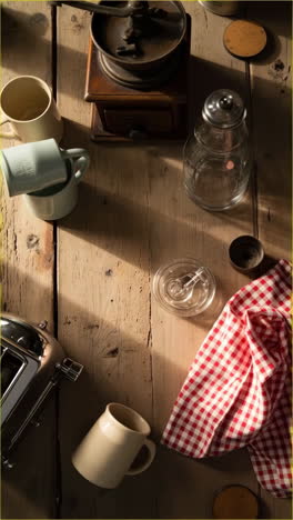 rustic tabletop with coffee grinder and morning light