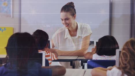 Animación-De-Gráficos-Sobre-Profesora-Caucásica-Y-Clase-De-Alumnos-Diversos