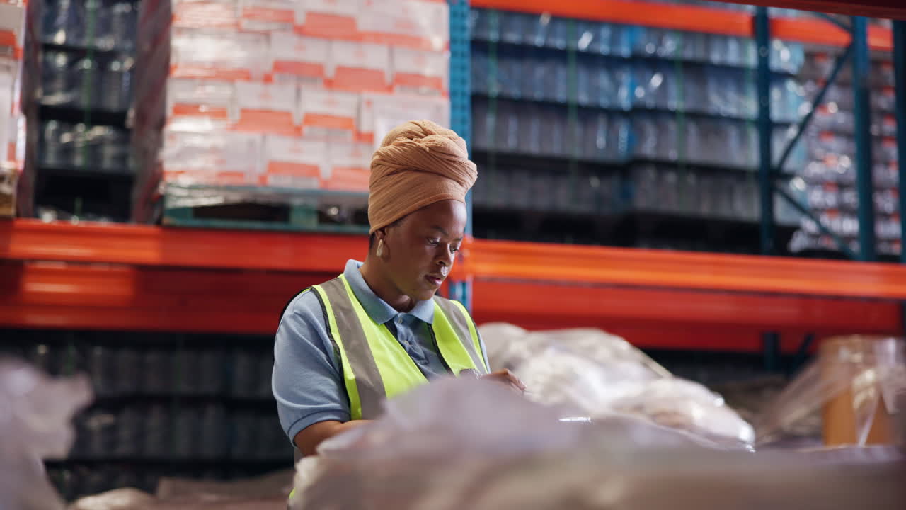 Donna lavoratrice concentrata che controlla l'inventario in un grande magazzino.