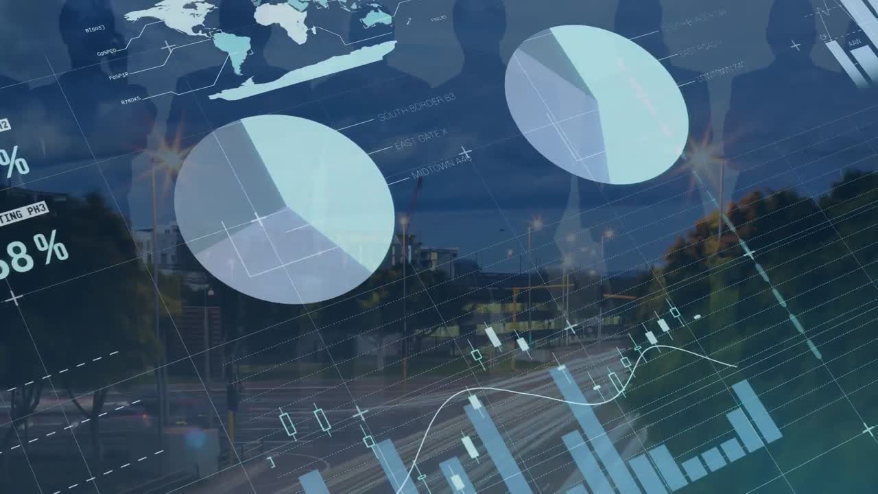 Animation of data processing and world map over business people and cityscape
