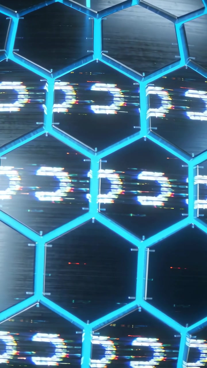 Vidéo verticale: Affichage d'une grille hexagonale cyan avec des interférences sur un panneau LED, animation commençant dans le cadre