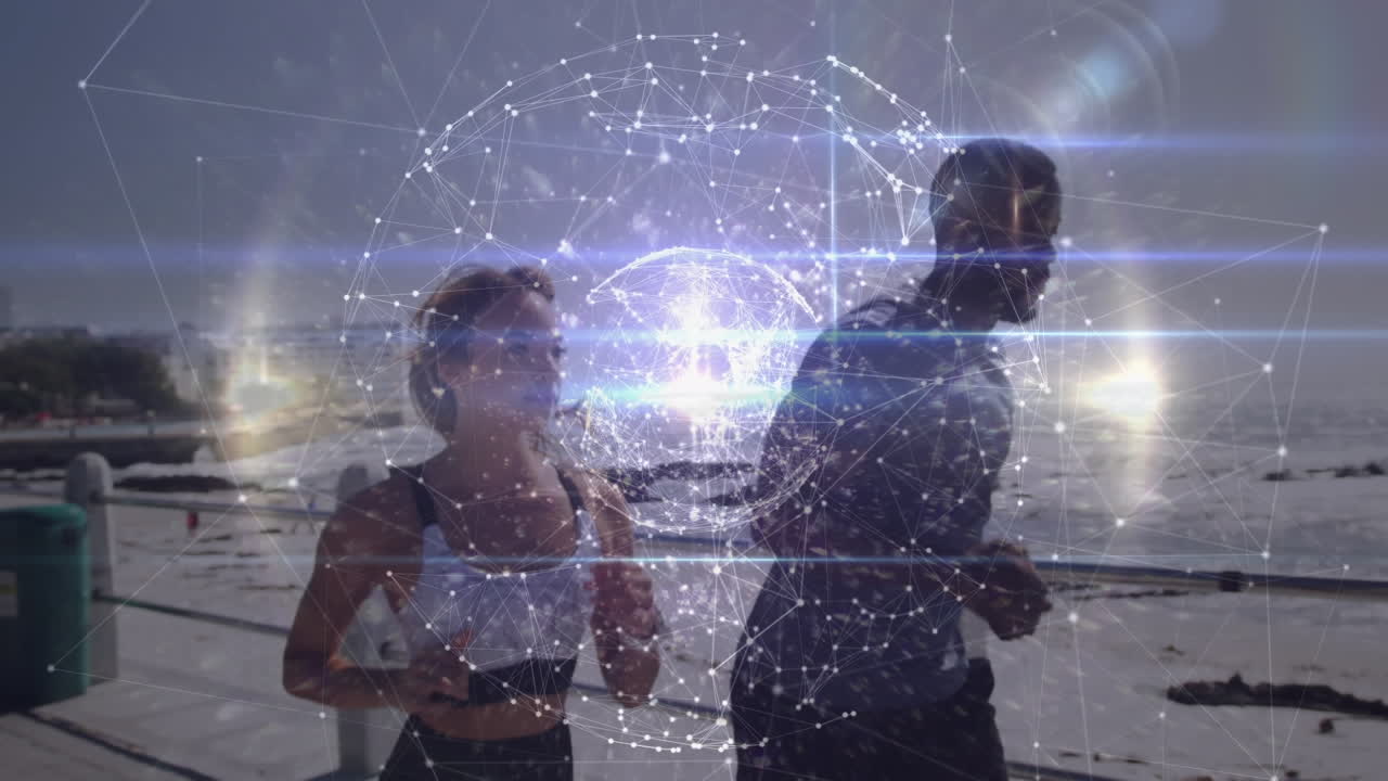 animación de la red de conexiones sobre mujer y hombre corriendo al aire libre