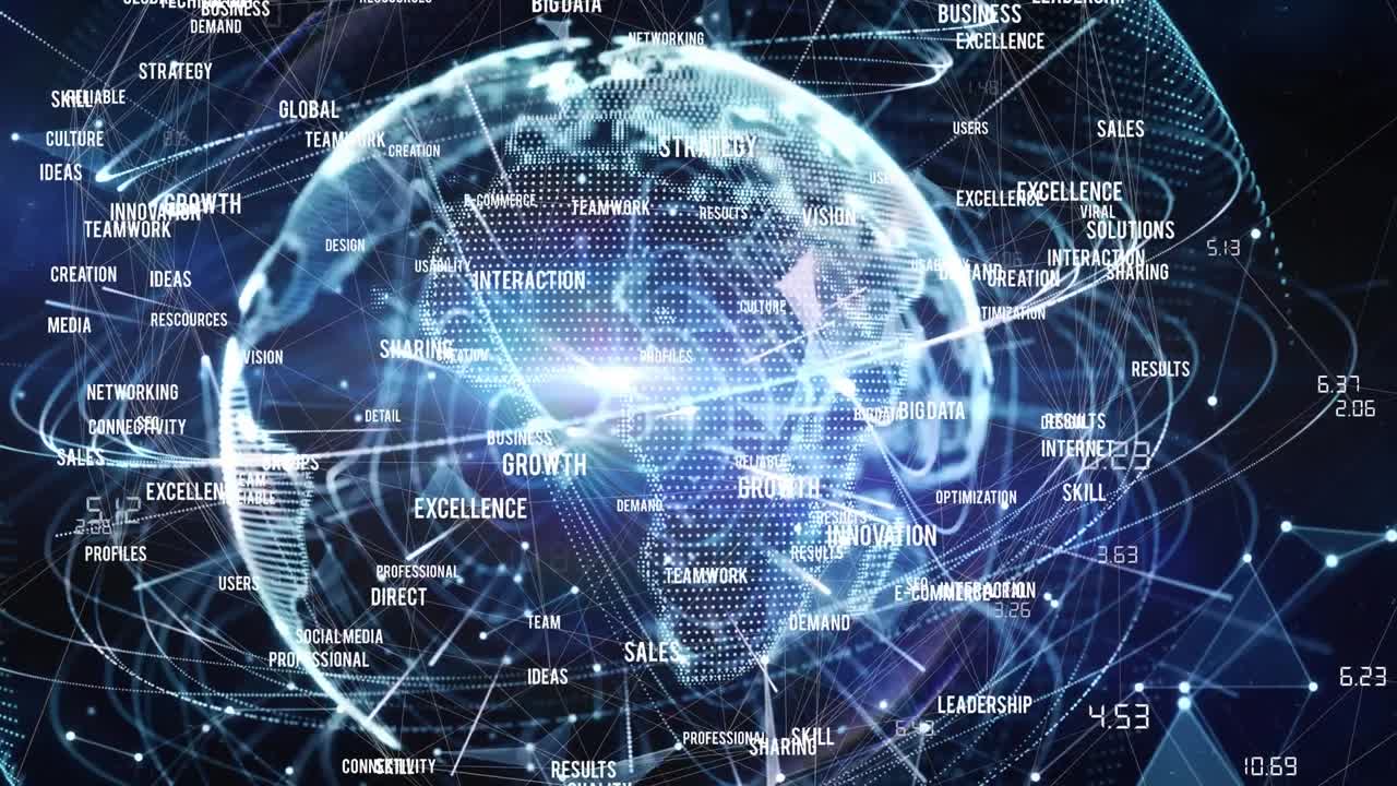 Animation of white arrows pointing down over business text and globe