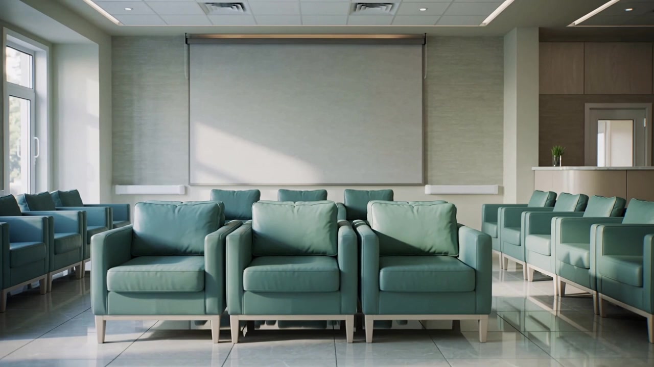 Camera pushing forward and drifting right in clinic, showing reception and three teal armchairs