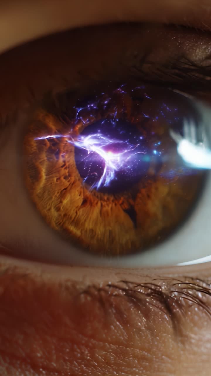 Un'intricata esplorazione dell'occhio umano: riflessi accattivanti e immagini cosmiche in un ipnotico primo piano di bellezza naturale ed energia mistica