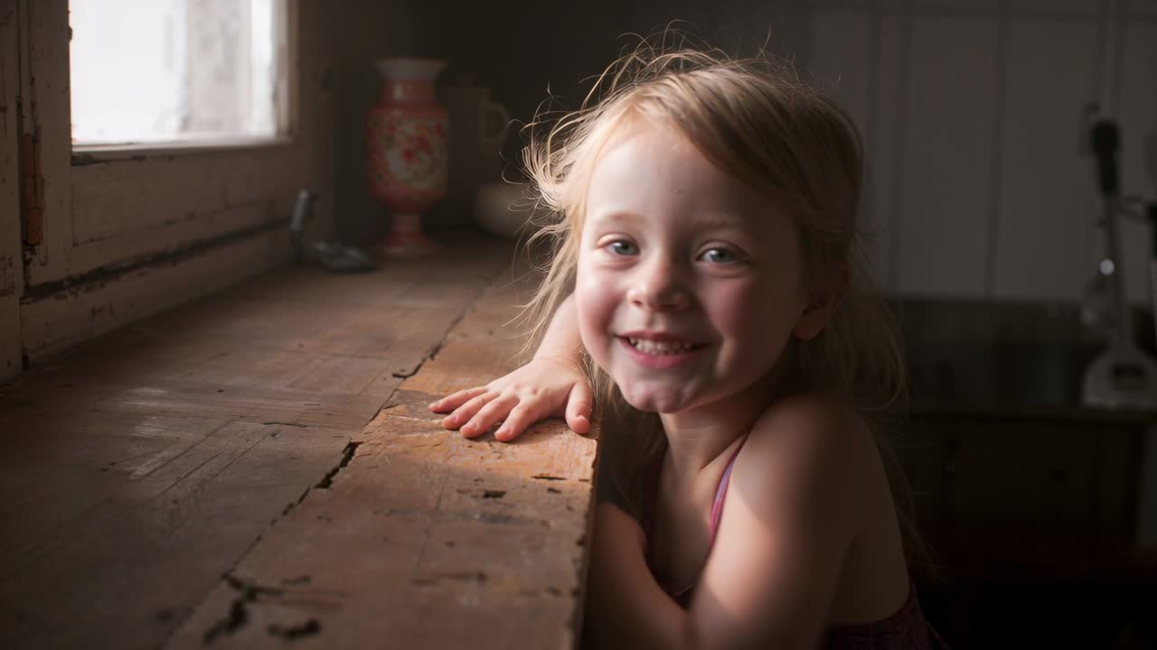 Smilende barn iført mørk kjole, reagerer på kameraet, læner sig op ad vindueskarmen og rækker ud efter en ukulele, med plads til tekst.