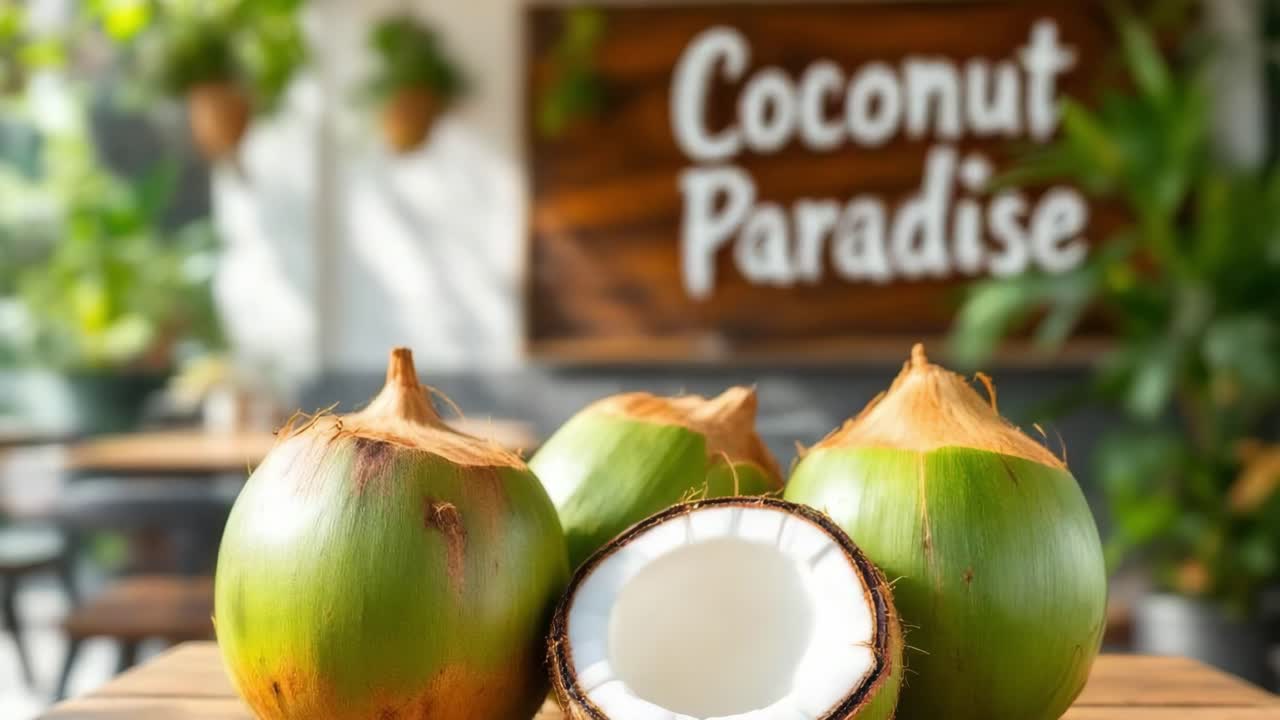Fresh green coconuts displayed on a wooden table, one coconut cut open revealing white flesh, surrounded by lush greenery and a tropical cafe ambiance, inviting a refreshing experience