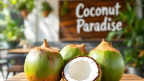 fresh green coconuts displayed on a wooden table, one coconut cut open revealing white flesh, surrounded by lush greenery and a tropical cafe ambiance, inviting a refreshing experience