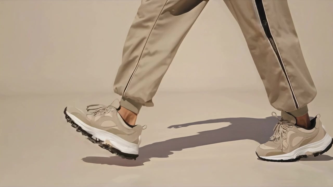 Persona caminando con zapatillas beige y joggers a juego