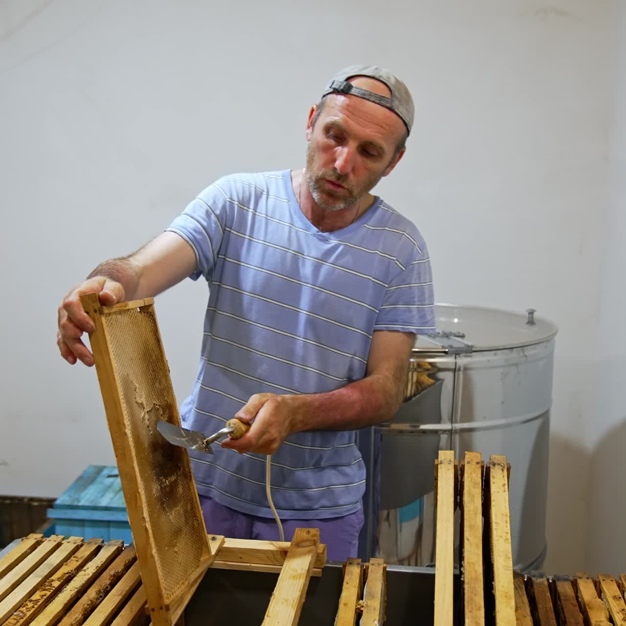 Apiarist opens the cells of frame full of honey. Bee farmer preparing the frames to place into centrifuge machine and pump honey