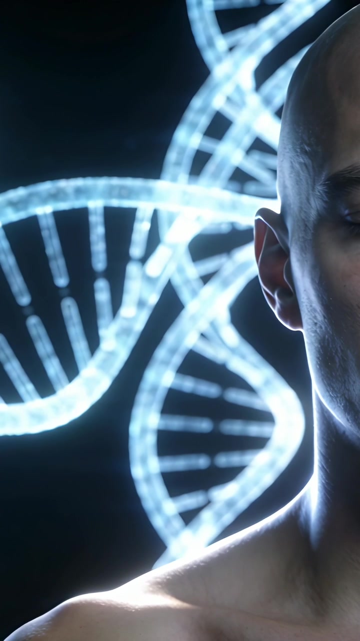 Video verticale: Uomo calvo a torso nudo che reagisce alla luce, posando per un concetto di DNA in studio, con spazio per il testo.